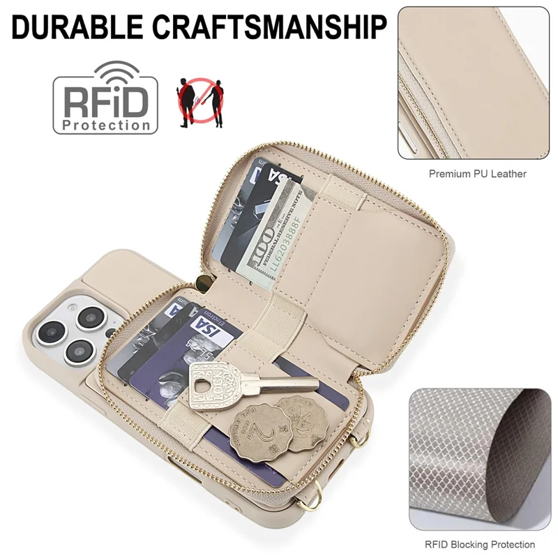 For iPhone 16 Pro Case RFID Blocking Zipper Wallet Leather + TPU Phone Cover with Shoulder Strap - Apricot