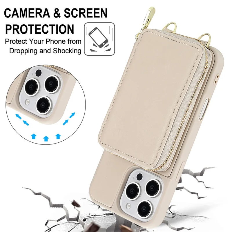 For iPhone 16 Pro Case RFID Blocking Zipper Wallet Leather + TPU Phone Cover with Shoulder Strap - Apricot