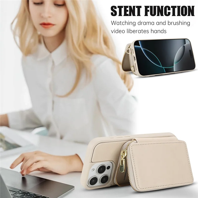 For iPhone 16 Pro Case RFID Blocking Zipper Wallet Leather + TPU Phone Cover with Shoulder Strap - Apricot