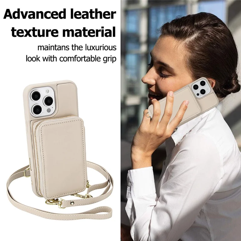 For iPhone 16 Pro Case RFID Blocking Zipper Wallet Leather + TPU Phone Cover with Shoulder Strap - Apricot