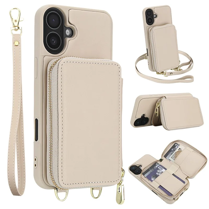 For iPhone 16 Case RFID Blocking Zipper Wallet Leather + TPU Phone Cover with Shoulder Strap - Apricot
