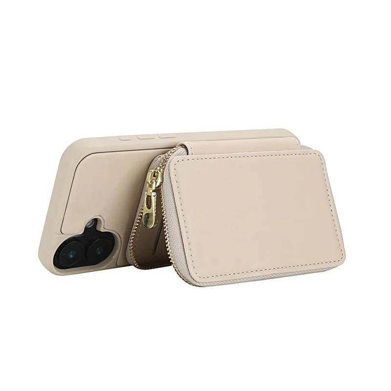 For iPhone 16 Case RFID Blocking Zipper Wallet Leather + TPU Phone Cover with Shoulder Strap - Apricot