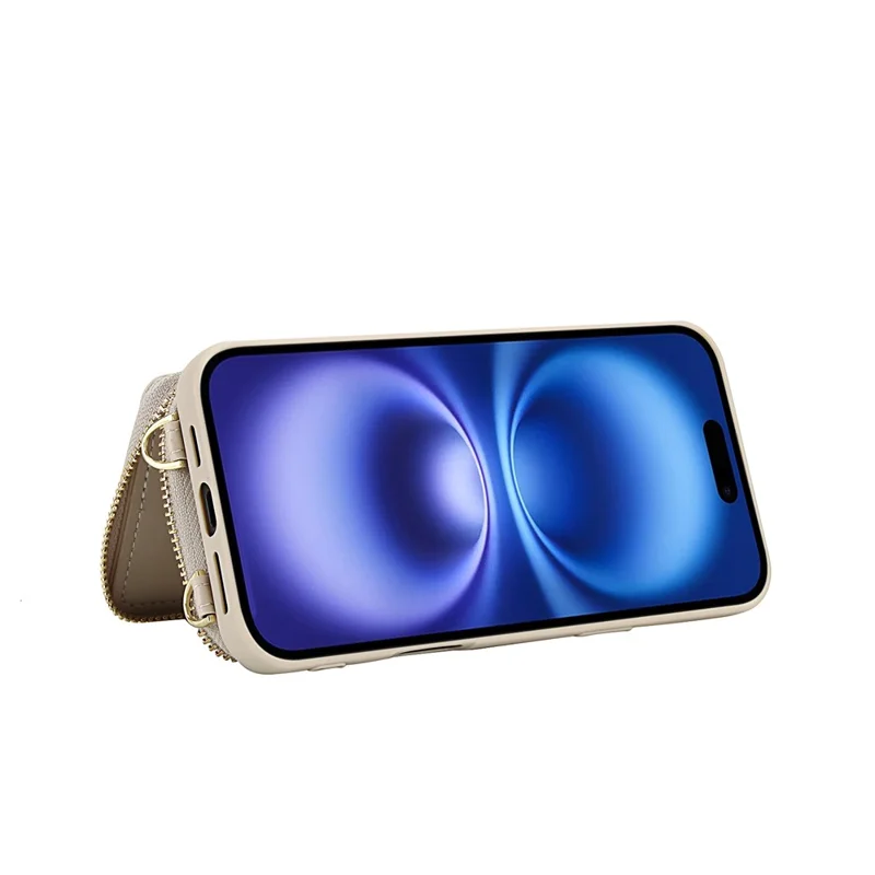 For iPhone 16 Case RFID Blocking Zipper Wallet Leather + TPU Phone Cover with Shoulder Strap - Apricot