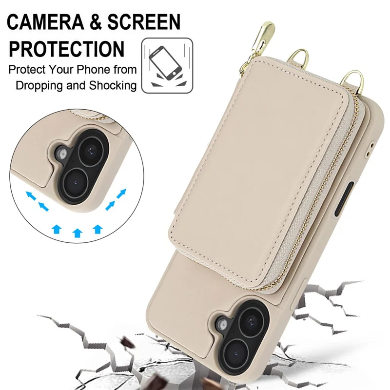 For iPhone 16 Case RFID Blocking Zipper Wallet Leather + TPU Phone Cover with Shoulder Strap - Apricot