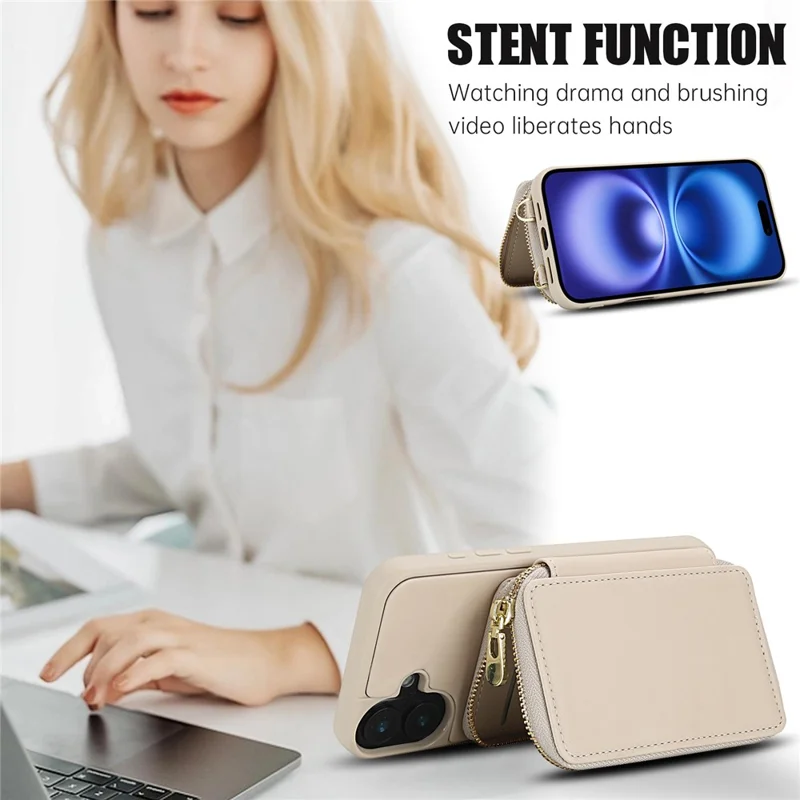 For iPhone 16 Case RFID Blocking Zipper Wallet Leather + TPU Phone Cover with Shoulder Strap - Apricot