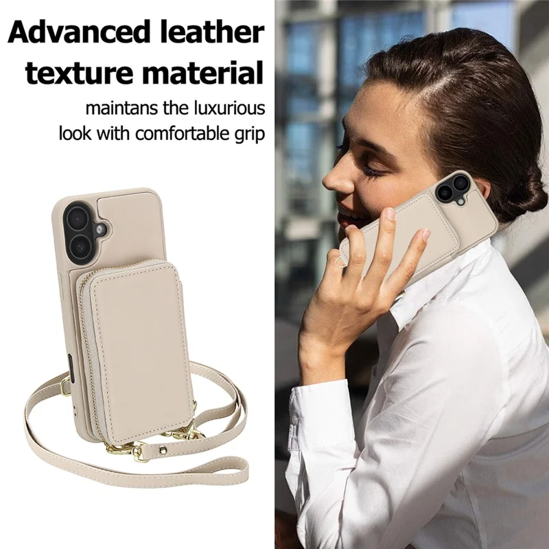 For iPhone 16 Case RFID Blocking Zipper Wallet Leather + TPU Phone Cover with Shoulder Strap - Apricot