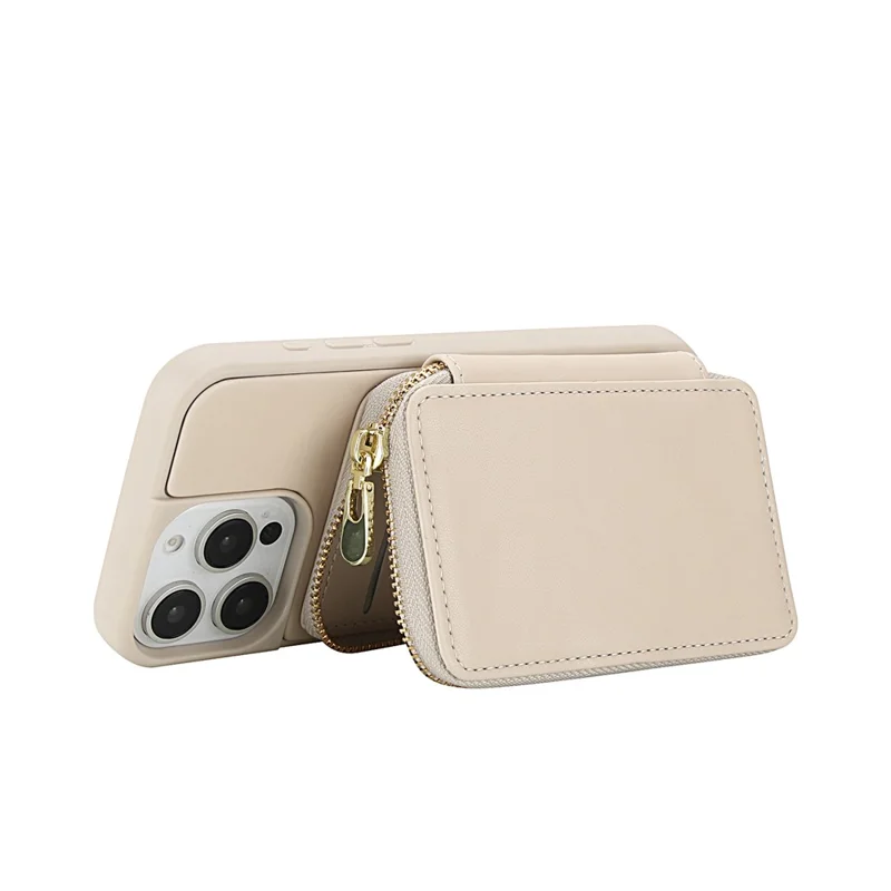 For iPhone 15 Pro Max Case RFID Blocking Zipper Wallet Leather + TPU Phone Cover with Shoulder Strap - Apricot