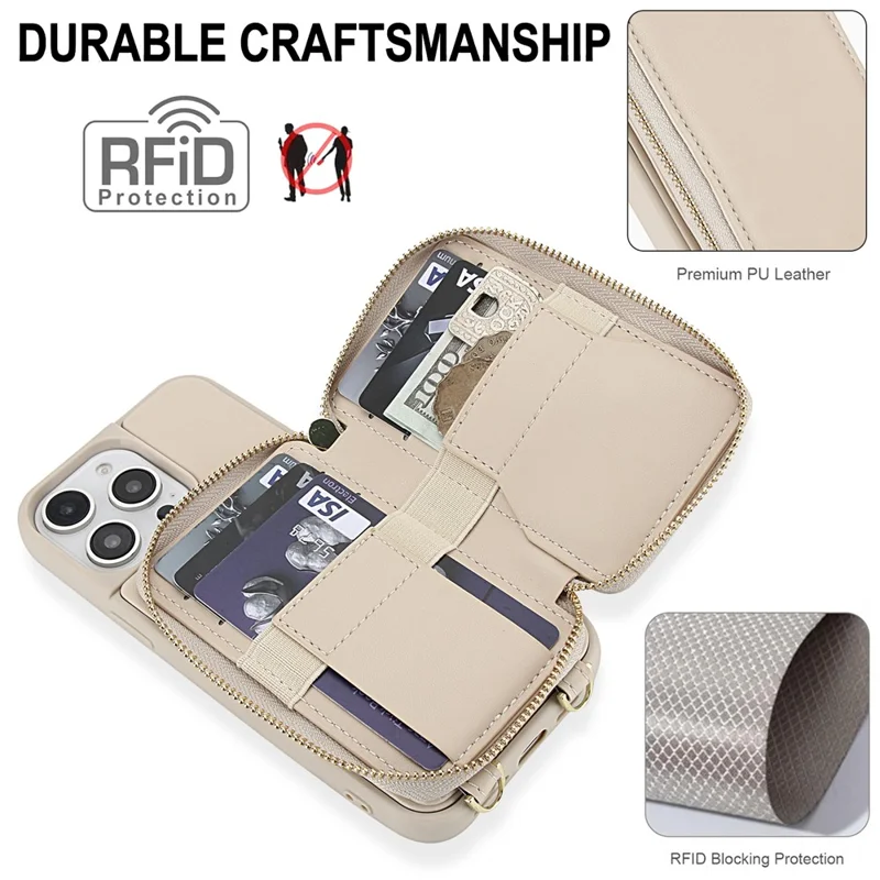 For iPhone 15 Pro Max Case RFID Blocking Zipper Wallet Leather + TPU Phone Cover with Shoulder Strap - Apricot