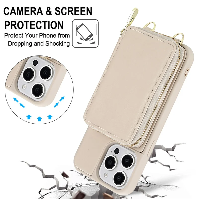 For iPhone 15 Pro Max Case RFID Blocking Zipper Wallet Leather + TPU Phone Cover with Shoulder Strap - Apricot