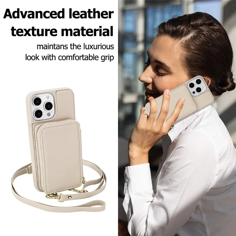 For iPhone 15 Pro Max Case RFID Blocking Zipper Wallet Leather + TPU Phone Cover with Shoulder Strap - Apricot