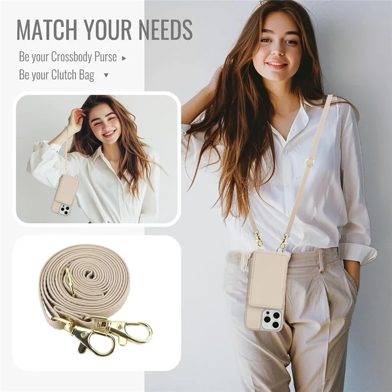 For iPhone 15 Pro Case RFID Blocking Zipper Wallet Leather + TPU Phone Cover with Shoulder Strap - Apricot