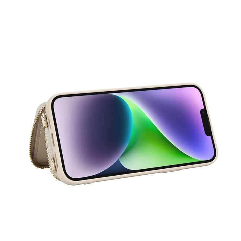 For iPhone 15 Plus / 14 Plus Case RFID Blocking Zipper Wallet Leather + TPU Phone Cover with Shoulder Strap - Apricot