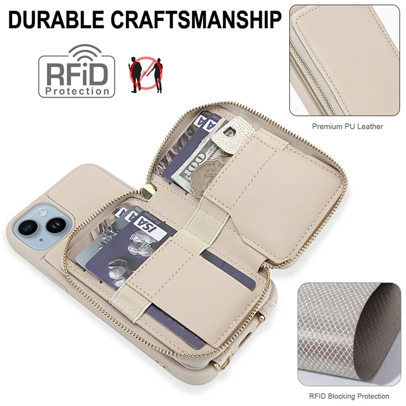 For iPhone 15 Plus / 14 Plus Case RFID Blocking Zipper Wallet Leather + TPU Phone Cover with Shoulder Strap - Apricot
