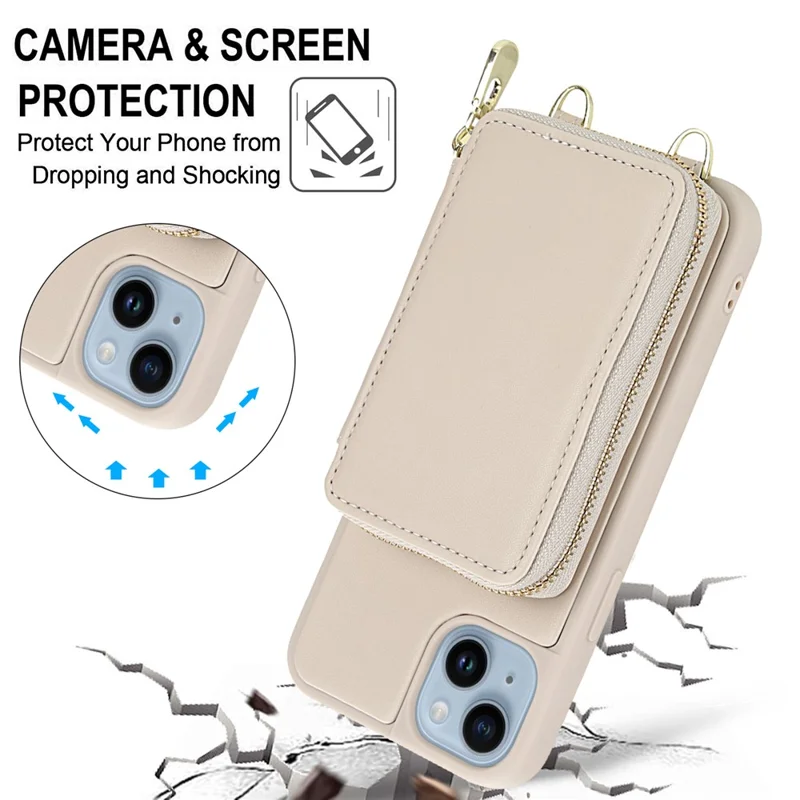 For iPhone 15 Plus / 14 Plus Case RFID Blocking Zipper Wallet Leather + TPU Phone Cover with Shoulder Strap - Apricot
