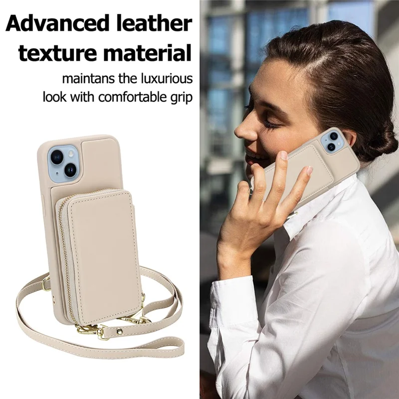 For iPhone 15 Plus / 14 Plus Case RFID Blocking Zipper Wallet Leather + TPU Phone Cover with Shoulder Strap - Apricot