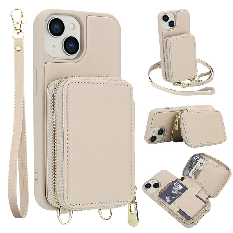 For iPhone 15 Case RFID Blocking Zipper Wallet Leather + TPU Phone Cover with Shoulder Strap - Apricot