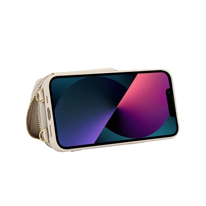 For iPhone 15 Case RFID Blocking Zipper Wallet Leather + TPU Phone Cover with Shoulder Strap - Apricot