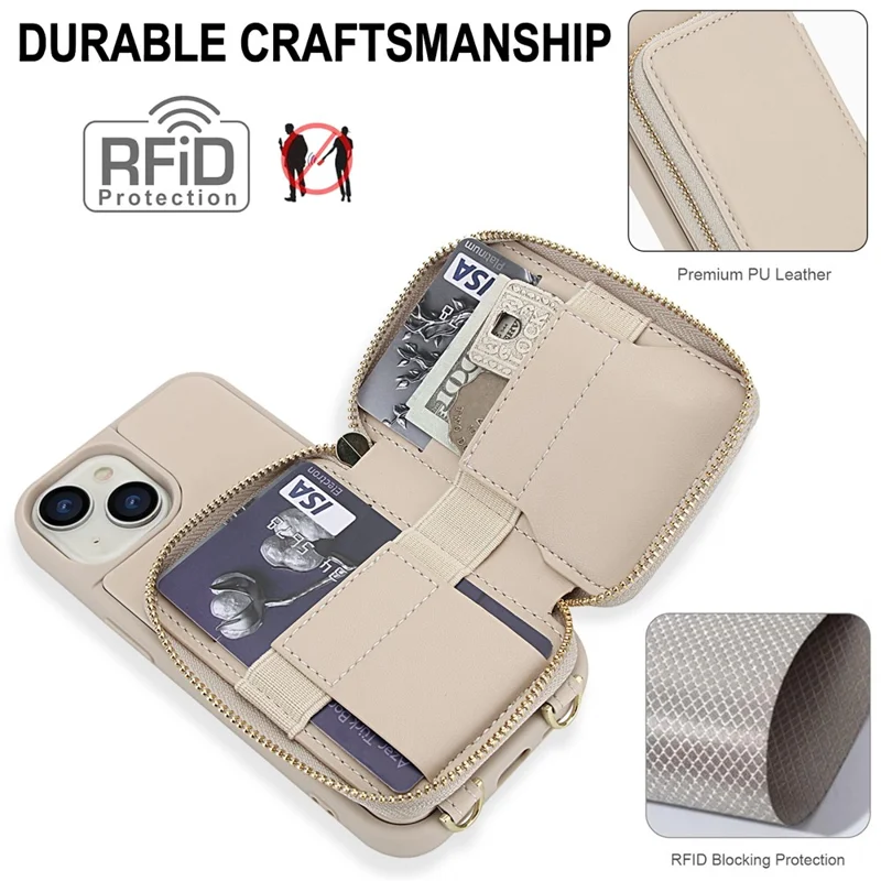 For iPhone 15 Case RFID Blocking Zipper Wallet Leather + TPU Phone Cover with Shoulder Strap - Apricot