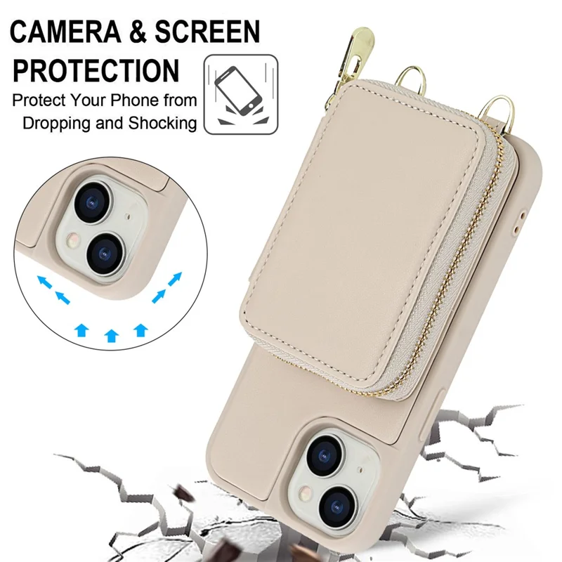 For iPhone 15 Case RFID Blocking Zipper Wallet Leather + TPU Phone Cover with Shoulder Strap - Apricot