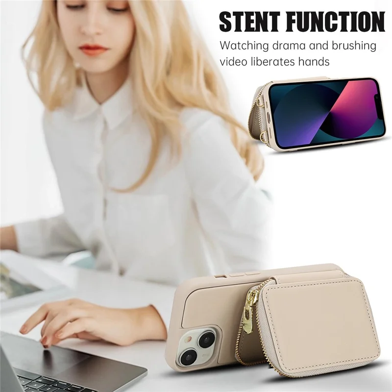 For iPhone 15 Case RFID Blocking Zipper Wallet Leather + TPU Phone Cover with Shoulder Strap - Apricot