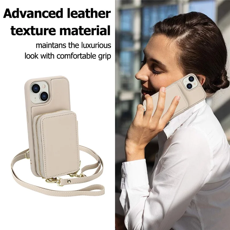 For iPhone 15 Case RFID Blocking Zipper Wallet Leather + TPU Phone Cover with Shoulder Strap - Apricot
