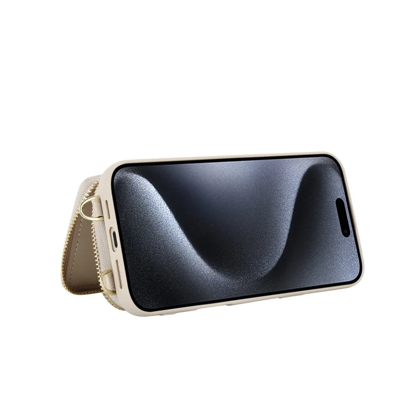 For iPhone 14 Pro Max Case RFID Blocking Zipper Wallet Leather + TPU Phone Cover with Shoulder Strap - Apricot