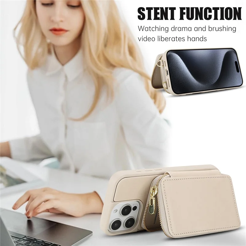 For iPhone 14 Pro Max Case RFID Blocking Zipper Wallet Leather + TPU Phone Cover with Shoulder Strap - Apricot