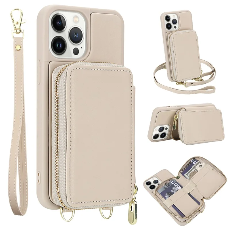 For iPhone 13 Pro Max Case RFID Blocking Zipper Wallet Leather + TPU Phone Cover with Shoulder Strap - Apricot