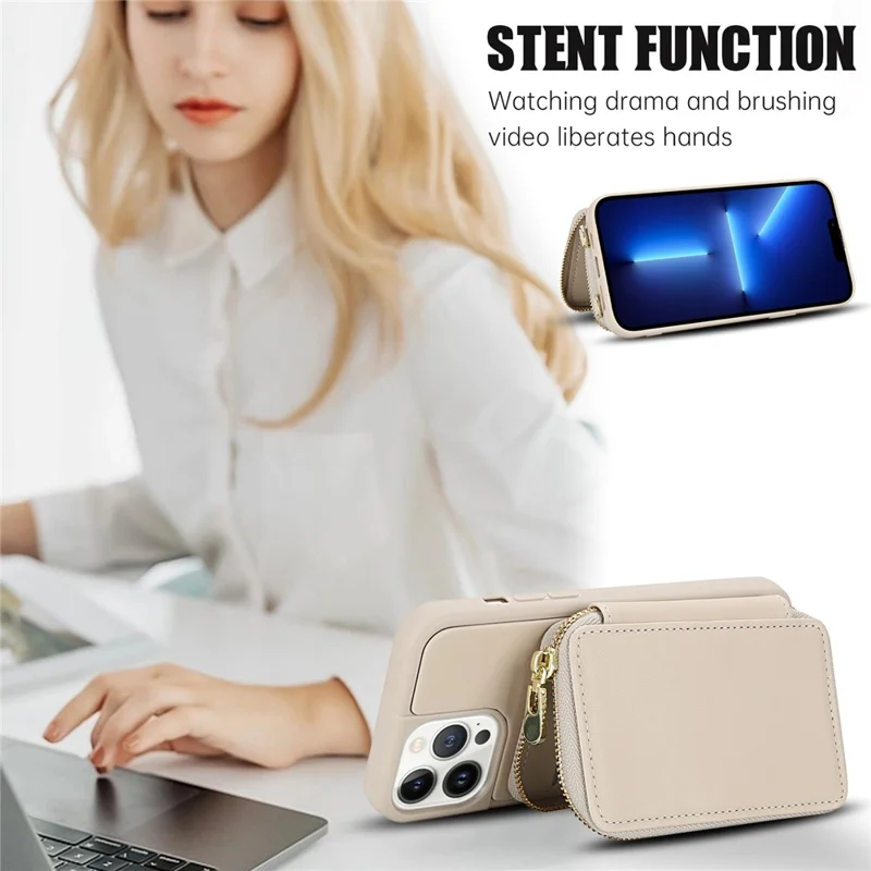 For iPhone 13 Pro Max Case RFID Blocking Zipper Wallet Leather + TPU Phone Cover with Shoulder Strap - Apricot