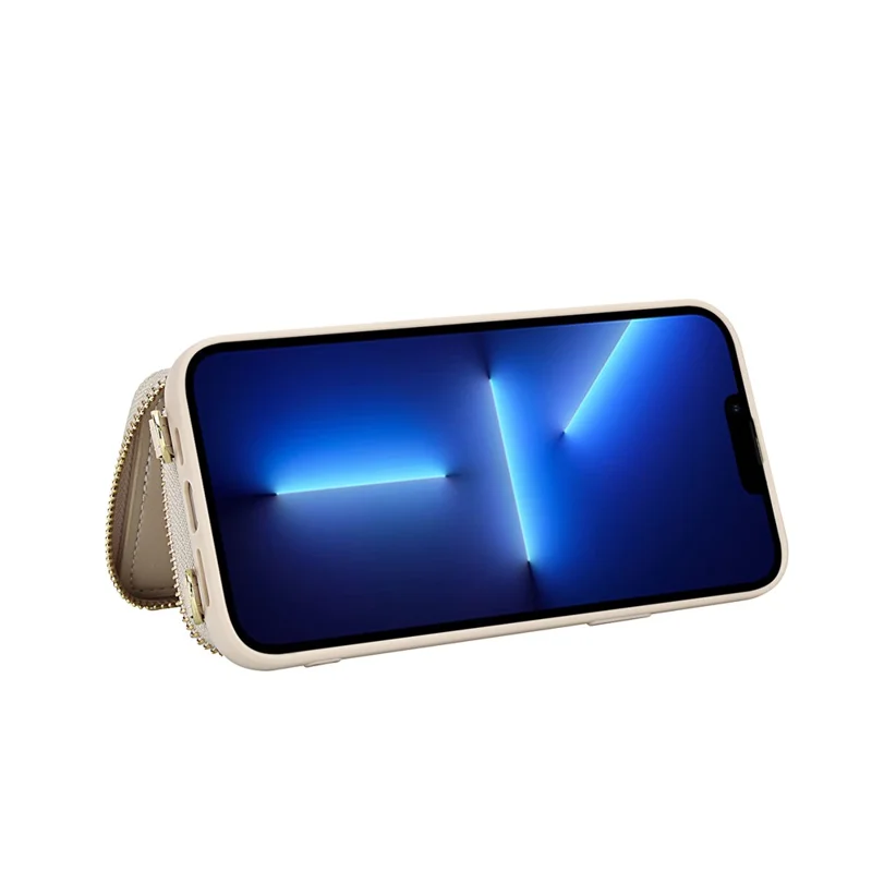 For iPhone 13 Pro Case RFID Blocking Zipper Wallet Leather + TPU Phone Cover with Shoulder Strap - Apricot