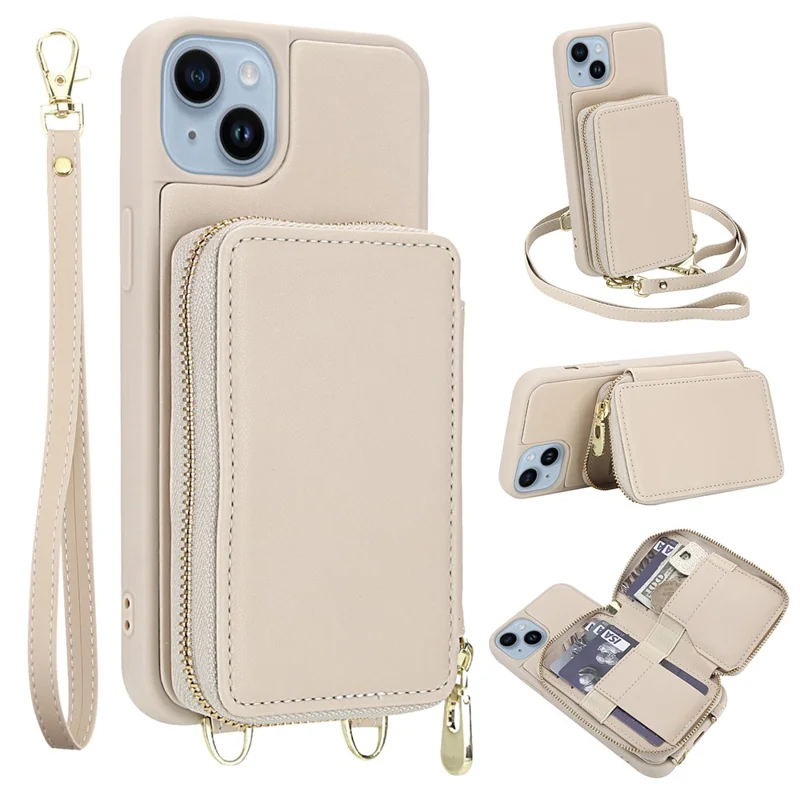 For iPhone 14 / 13 Case RFID Blocking Zipper Wallet Leather + TPU Phone Cover with Shoulder Strap - Apricot