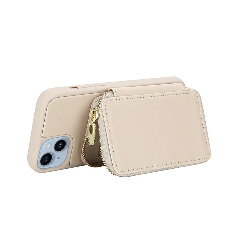For iPhone 14 / 13 Case RFID Blocking Zipper Wallet Leather + TPU Phone Cover with Shoulder Strap - Apricot