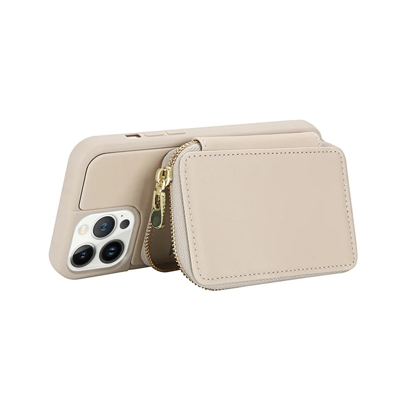 For iPhone 12 / 12 Pro Case RFID Blocking Zipper Wallet Leather + TPU Phone Cover with Shoulder Strap - Apricot