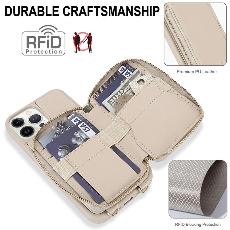 For iPhone 12 / 12 Pro Case RFID Blocking Zipper Wallet Leather + TPU Phone Cover with Shoulder Strap - Apricot