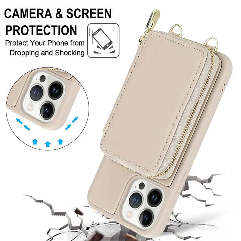 For iPhone 12 / 12 Pro Case RFID Blocking Zipper Wallet Leather + TPU Phone Cover with Shoulder Strap - Apricot