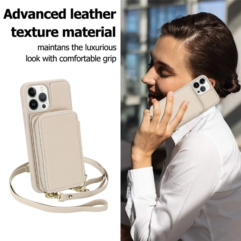 For iPhone 12 / 12 Pro Case RFID Blocking Zipper Wallet Leather + TPU Phone Cover with Shoulder Strap - Apricot