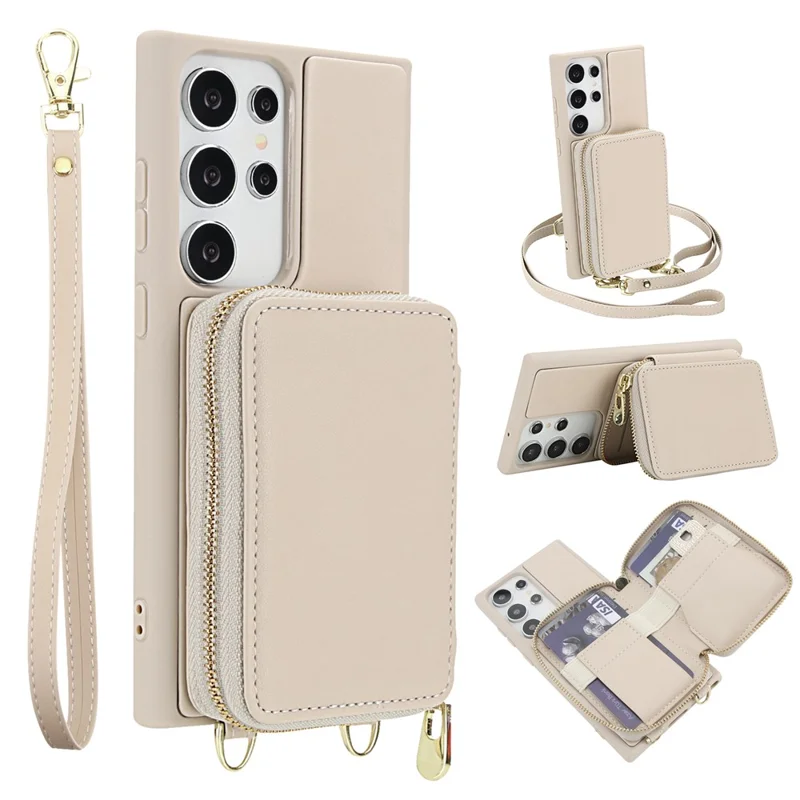 Voor Samsung Galaxy S23 Ultra Case RFID-blokkering Zipper Wallet Lederen + TPU Telefoonhoesje met Schouderband - Amandel