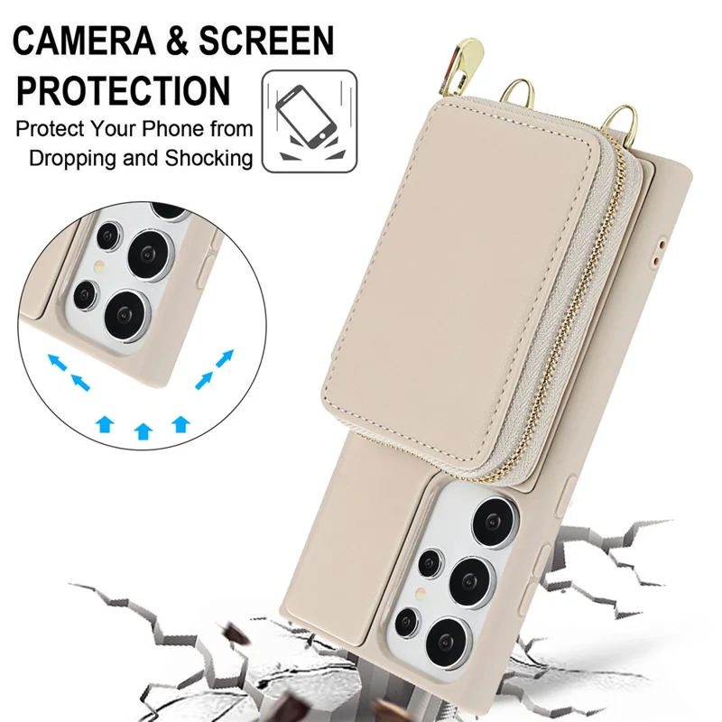 Voor Samsung Galaxy S23 Ultra Case RFID-blokkering Zipper Wallet Lederen + TPU Telefoonhoesje met Schouderband - Amandel