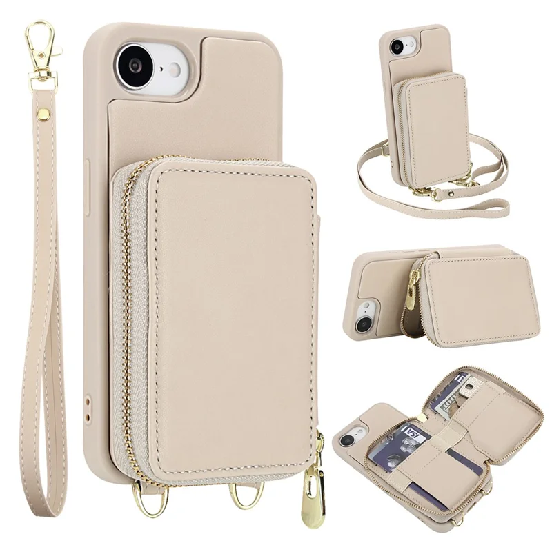 For iPhone 16e Case RFID Blocking Zipper Wallet Leather + TPU iPhone Cover with Shoulder Strap - Apricot