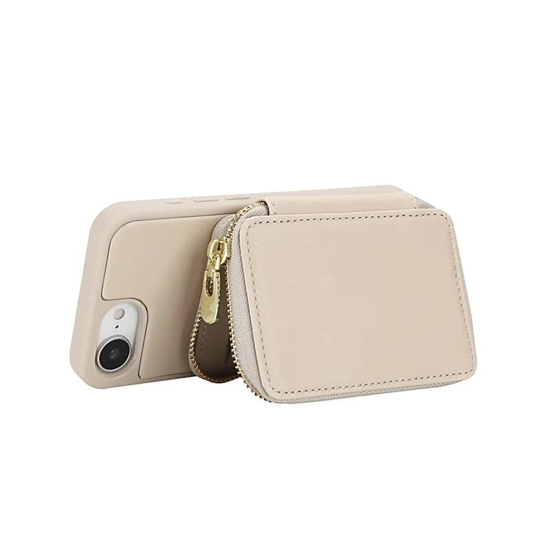 For iPhone 16e Case RFID Blocking Zipper Wallet Leather + TPU iPhone Cover with Shoulder Strap - Apricot