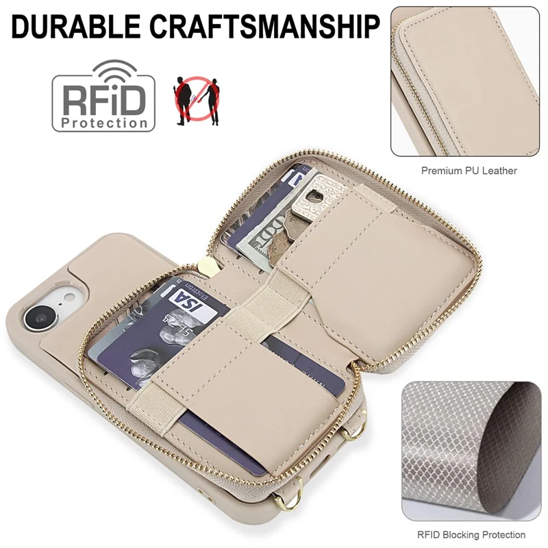 For iPhone 16e Case RFID Blocking Zipper Wallet Leather + TPU iPhone Cover with Shoulder Strap - Apricot
