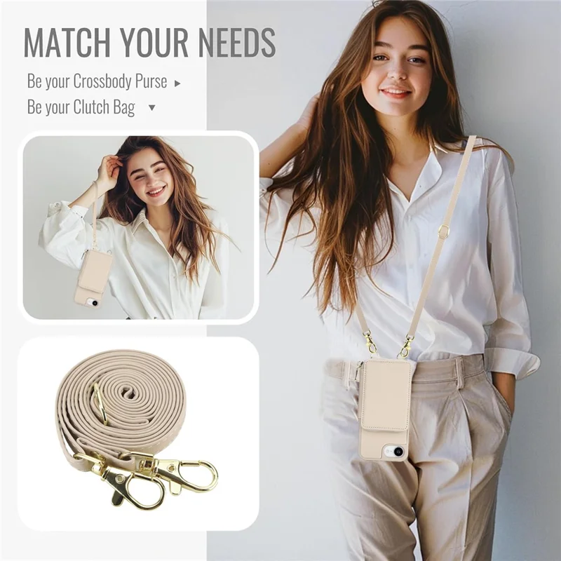 For iPhone 16e Case RFID Blocking Zipper Wallet Leather + TPU iPhone Cover with Shoulder Strap - Apricot