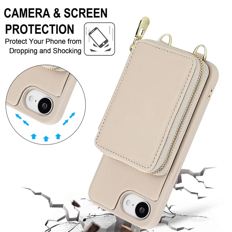 For iPhone 16e Case RFID Blocking Zipper Wallet Leather + TPU iPhone Cover with Shoulder Strap - Apricot