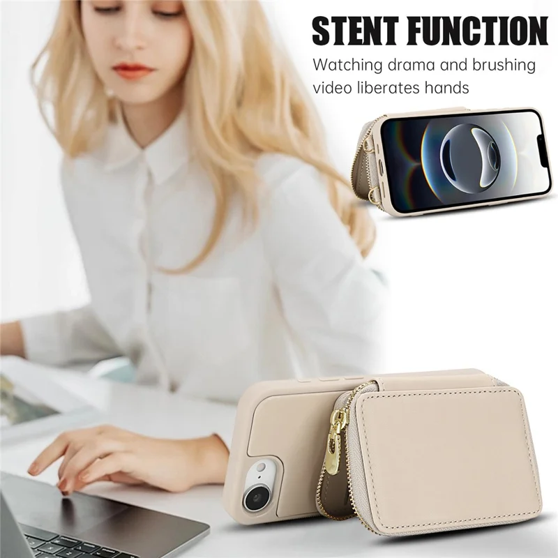 For iPhone 16e Case RFID Blocking Zipper Wallet Leather + TPU iPhone Cover with Shoulder Strap - Apricot