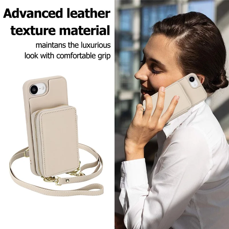 For iPhone 16e Case RFID Blocking Zipper Wallet Leather + TPU iPhone Cover with Shoulder Strap - Apricot