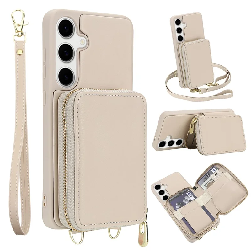 For Samsung Galaxy S23 FE Case RFID Blocking Zipper Wallet Leather + TPU Phone Cover with Shoulder Strap - Apricot