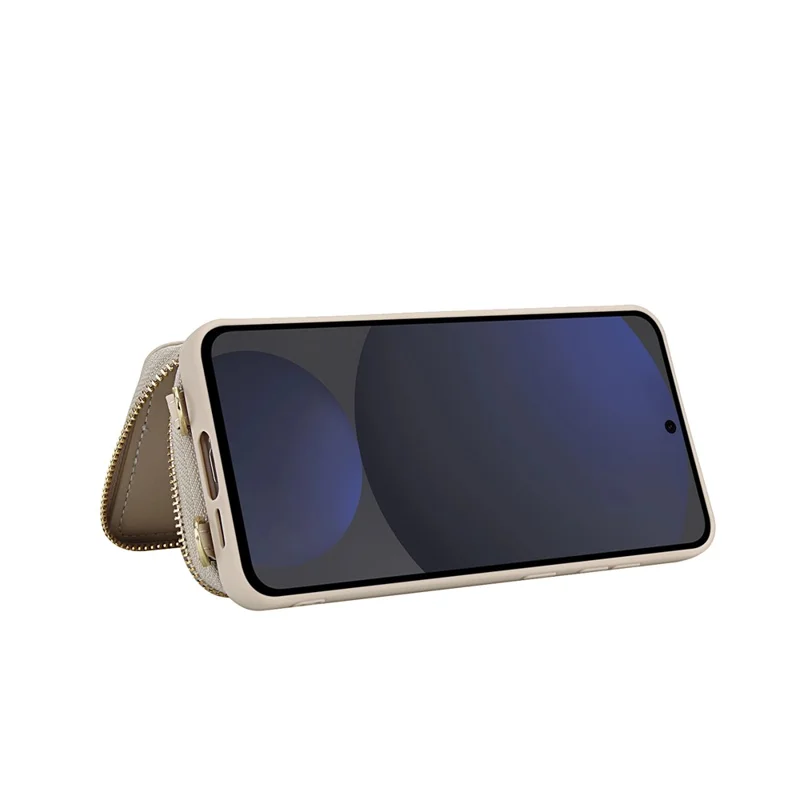 For Samsung Galaxy S23 FE Case RFID Blocking Zipper Wallet Leather + TPU Phone Cover with Shoulder Strap - Apricot