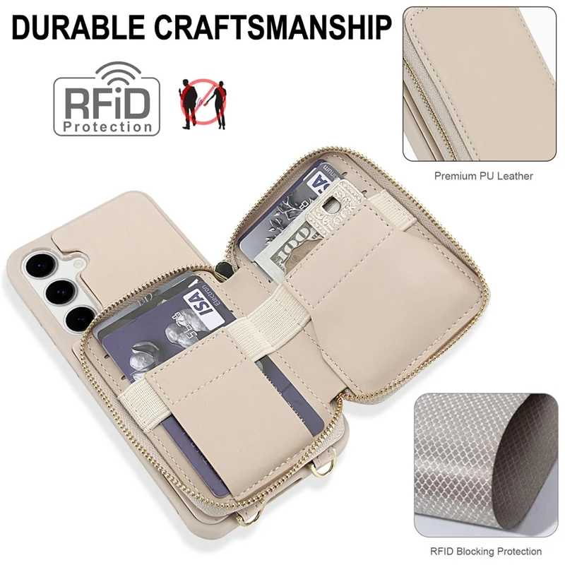 For Samsung Galaxy S23 FE Case RFID Blocking Zipper Wallet Leather + TPU Phone Cover with Shoulder Strap - Apricot