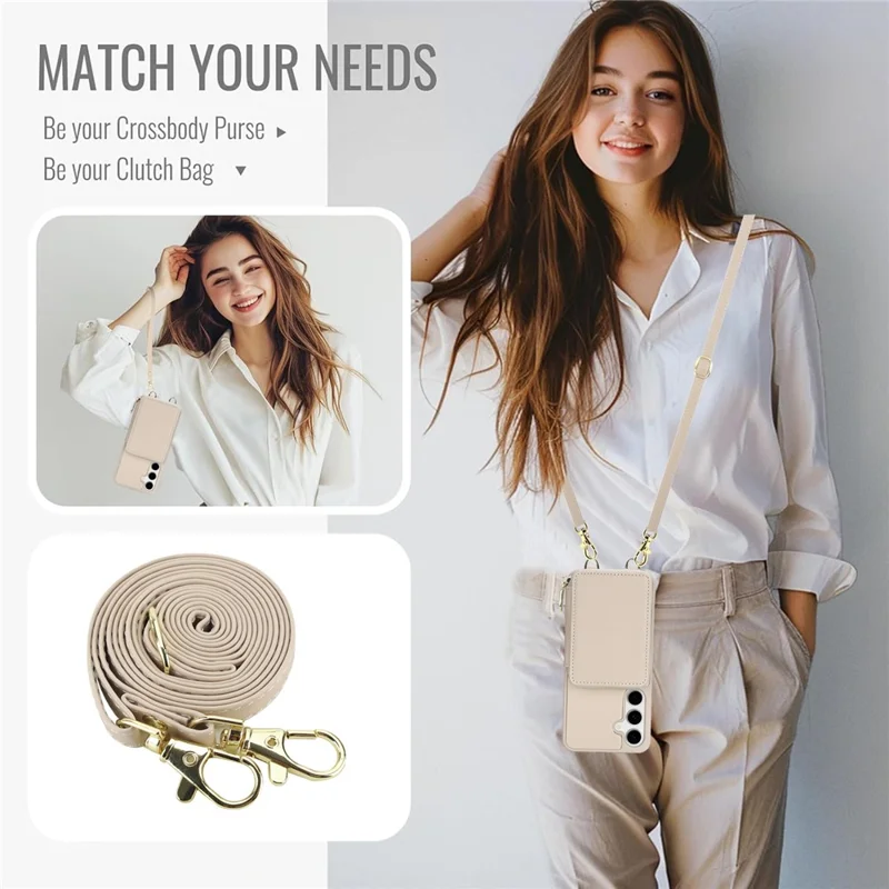 For Samsung Galaxy S23 FE Case RFID Blocking Zipper Wallet Leather + TPU Phone Cover with Shoulder Strap - Apricot
