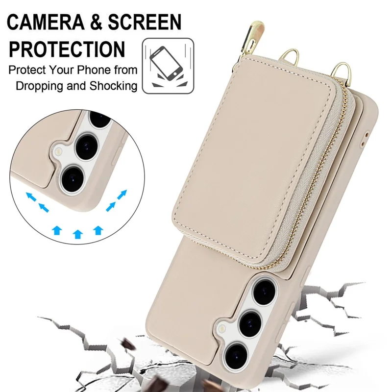 For Samsung Galaxy S23 FE Case RFID Blocking Zipper Wallet Leather + TPU Phone Cover with Shoulder Strap - Apricot